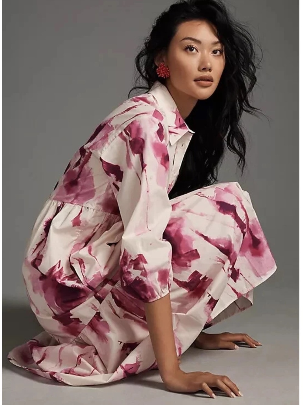 Maeve Bettina Floral Watercolor Print Tiered Relaxed Fit Midi Shirt Dress XS